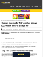Ethereum Accumulator Addresses See Massive 400,000 ETH Inflow in a Single Day