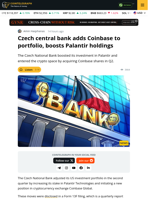 Czech National Bank Increases Palantir Stake, Adds Coinbase Shares