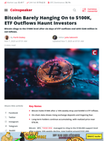 Bitcoin Barely Hanging On to $100K, ETF Outflows Haunt Investors - Coinspeaker