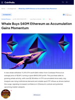 Whale Buys $40M Ethereum as Accumulation Gains Momentum