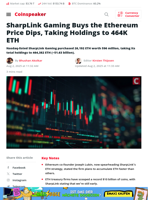 SharpLink Gaming Buys the Ethereum Price Dips, Taking Holdings to 464K ETH - Coinspeaker