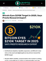 Bitcoin Eyes $210K Target in 2025, Says Presto Research Expert