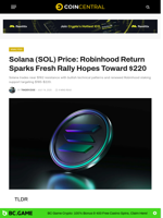 Solana (SOL) Price: Robinhood Return Sparks Fresh Rally Hopes Toward $220 - CoinCentral