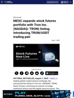 MEXC expands stock futures portfolio with Tron Inc. (NASDAQ: TRON) listing, introducing TRON/USDT trading pair