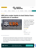 UBS joins major banks to test Swiss franc stablecoin in sandbox