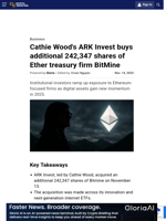 Cathie Wood's ARK Invest buys additional 242,347 shares of Ether treasury firm BitMine