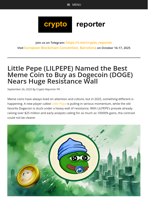 Little Pepe (LILPEPE) Named the Best Meme Coin to Buy as Dogecoin (DOGE) Nears Huge Resistance Wall