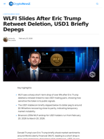 WLFI Slips After Eric Trump Retweet Deletion, USD1 Depegs