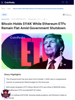 Bitcoin Holds $114K While Ethereum ETFs Remain Flat Amid Government Shutdown