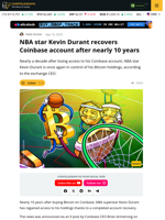 Kevin Durant recovers lost Bitcoin after nearly 10 years on Coinbase