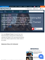 Melania Trump Will Ring NYSE Opening Bell Tomorrow To 'Celebrate' Amazon Documentary Release: First Lady-Themed Memecoin Pops 42% In 2026  - Benzinga