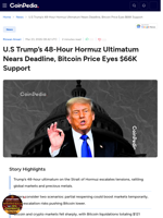 U.S Trump’s 48-Hour Hormuz Ultimatum Nears Deadline, Bitcoin Price Eyes $66K Support