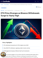 ETH Price Diverges as Binance Withdrawals Surge to Yearly High