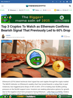 Top 3 Cryptos To Watch as Ethereum Confirms Bearish Signal That Previously Led to 60% Drop