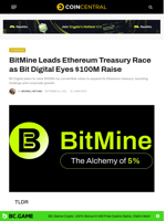 BitMine Leads Ethereum Treasury Race as Bit Digital Eyes $100M Raise - CoinCentral