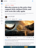 Bitcoin returns to the price that capped 2021, defined 2024, and now tests the rally again
