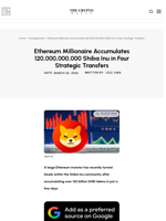 Ethereum Millionaire Accumulates 120,000,000,000 Shiba Inu in Four Strategic Transfers