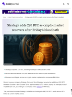 Strategy adds 220 BTC as crypto market recovers after Friday's bloodbath - CoinJournal