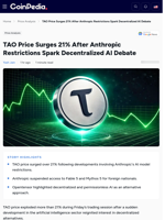TAO Price Surges 21% After Anthropic Restrictions Spark Decentralized AI Debate