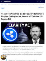 Hoskinson Clarifies 'Bad Behavior' Remark on Ripple’s Garlinghouse, Warns of ‘Gensler 2.0’ Crypto Bill