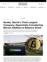 Nvidia, World's Third-Largest Company, Reportedly Considering Bitcoin Addition to Balance Sheet - 