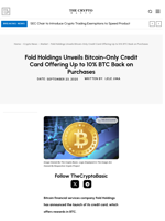 Fold Holdings Unveils Bitcoin-Only Credit Card Offering Up to 10% BTC Back on Purchases