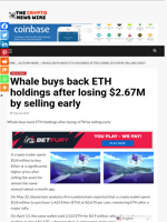Whale buys back ETH holdings after losing $2.67M by selling early - The Crypto News Wire