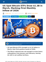 US Spot Bitcoin ETFs Draw $1.3B in March, Marking First Monthly Inflow of 2026 | Crypto News Flash