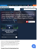 John Bolton Says Trump's Objective Isn't To Help Ukraine But To 'Claim' Nobel Peace Prize: He Won't Take Steps Against Russia  - Benzinga