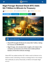 Nigel Farage-Backed Stack BTC Adds $2.7 Million in Bitcoin to Treasury