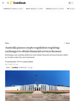 Australia passes crypto regulation requiring exchanges to obtain financial services licenses