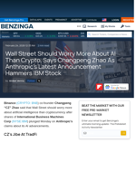 Wall Street Should Worry More About AI Than Crypto, Says Changpeng Zhao As Anthropic's Latest Announcement Hammers IBM Stock  - Benzinga