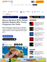 Bitcoin Reclaims $71K, Global Markets Respite After Trump Postpones Iran Strike – Markets and Prices Bitcoin News