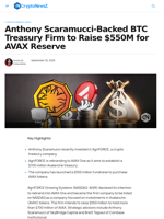 Anthony Scaramucci-Backed BTC Treasury Firm to Raise $550M for AVAX Reserve