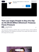 Tom Lee Urges People to Buy the Dip as His $11.53 Billion Ethereum Treasury Faces Pressure - U.Today