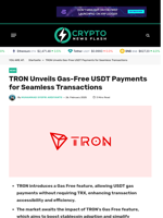 TRON Unveils Gas-Free USDT Payments for Seamless Transactions - Crypto News Flash
