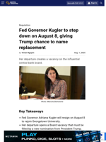 Fed Governor Kugler to step down on August 8, giving Trump chance to name replacement