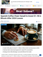 Spanish Coffee Chain Vanadi to Invest $1.1B in Bitcoin After 2024 Losses