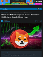 Shiba Inu Price Surges as Whale Transfers Hit Highest Levels Since June