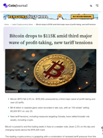 Bitcoin drops to $115K amid third major wave of profit-taking, new tariff tensions - CoinJournal