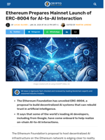 Ethereum to Launch ERC-8004 for AI-to-AI Interaction