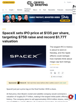 SpaceX sets IPO price at $135 per share, targeting $75B raise and record $1.77T valuation
