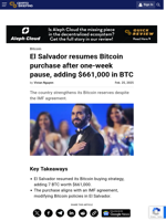 El Salvador resumes Bitcoin purchase after one-week pause, adding $661,000 in BTC