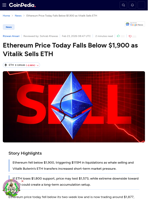 Ethereum Price Today Falls Below $1,900 as Vitalik Sells ETH