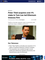 Peter Thiel acquires over 9% stake in Tom Lee-led Ethereum treasury firm