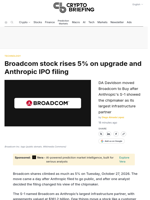 Broadcom stock rises 5% on upgrade and Anthropic IPO filing