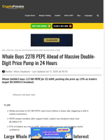 Whale Buys 227B PEPE Ahead of Massive Double-Digit Price Pump in 24 Hours