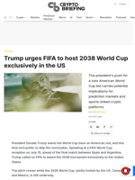 Trump urges FIFA to host 2038 World Cup exclusively in the US