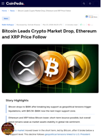 Bitcoin Leads Crypto Market Drop, Ethereum and XRP Price Follow