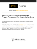 Republic Technologies Announces Private Placement for Strategic Advisors